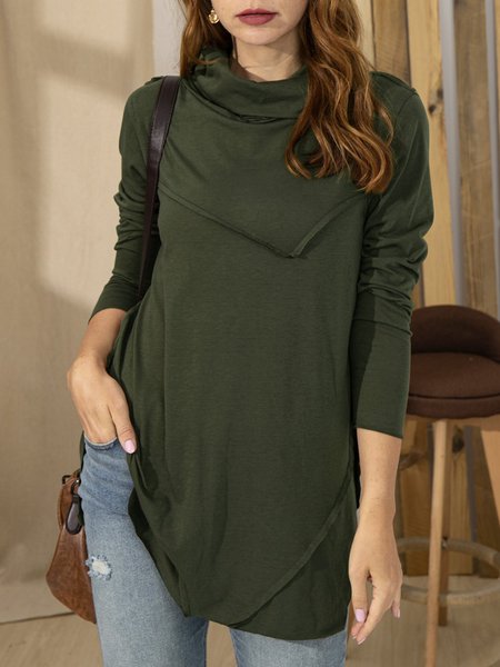 

Solid Turtleneck Cotton-Blend Casual Shirts & Tops, Dark green, Long sleeve tops