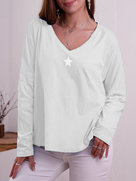 

Long Sleeve V Neck Printed T-Shirts, White, Auto-Clearance