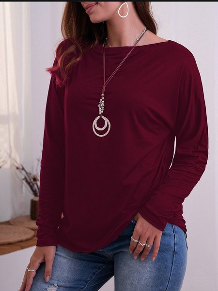 

Cowl Neck Plain Casual T-Shirts, Wine red, Long sleeve tops