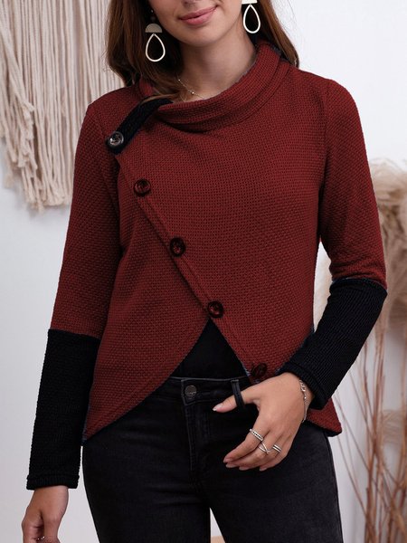 

Color-Block Turtleneck Buttoned Long Sleeve Casual Sweatshirt, Red, Sweaters