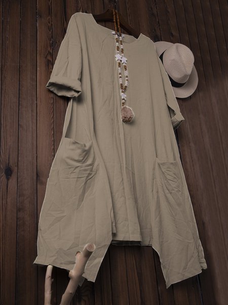 

Vintage Plain Plus Size Long Sleeve Casual Weaving Dress, Khaki, Dresses