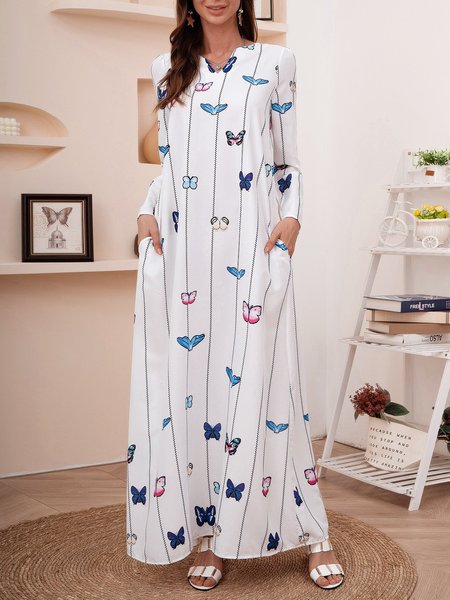 

Floral Printed Crew Neck Long Sleeve Pockets Maxi Dress, White, Auto-Clearance