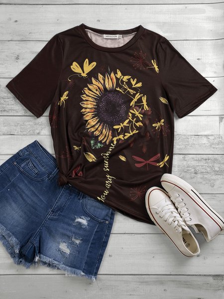 

Casual Short Sleeve Round Neck Plus Size Tops, Wine red, T-Shirts