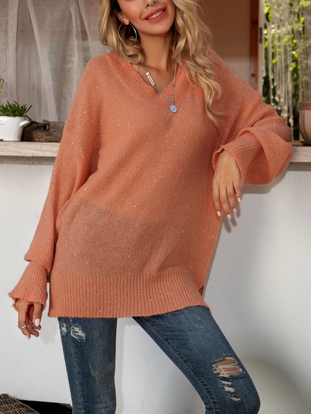 

Orange Long Sleeve Cotton-Blend Paneled Solid Sweater, Tops