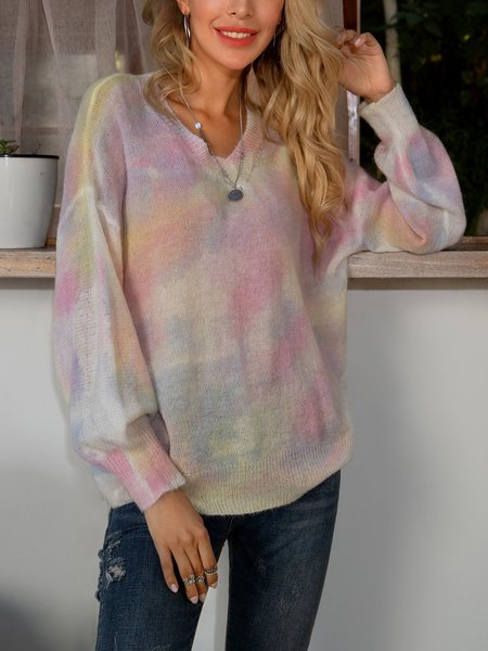 

Pink V Neck Casual Long Sleeve Sweater, Tops