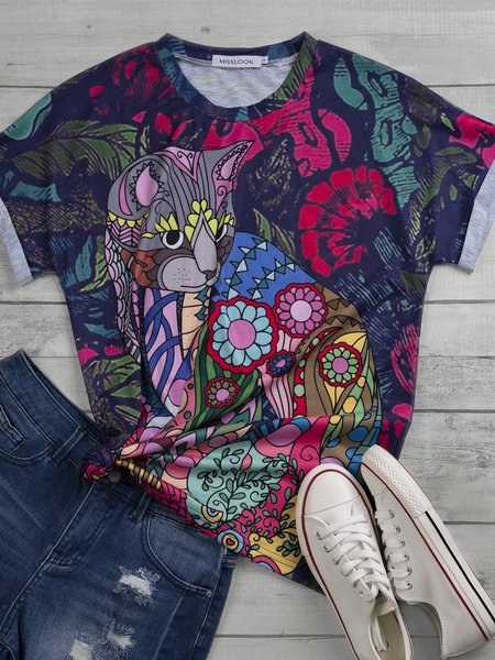 

Casual Short Sleeve Round Neck Plus Size Tops, Purple, Tops