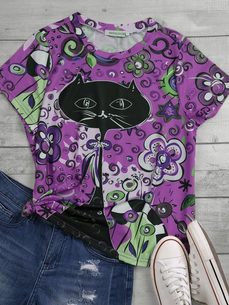

Casual Short Sleeve Round Neck Plus Size Tops, Purple, T-Shirts