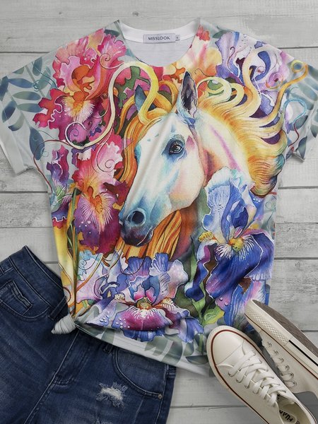 

Casual Short Sleeve Round Neck Plus Size Tops, Multicolor, Tops