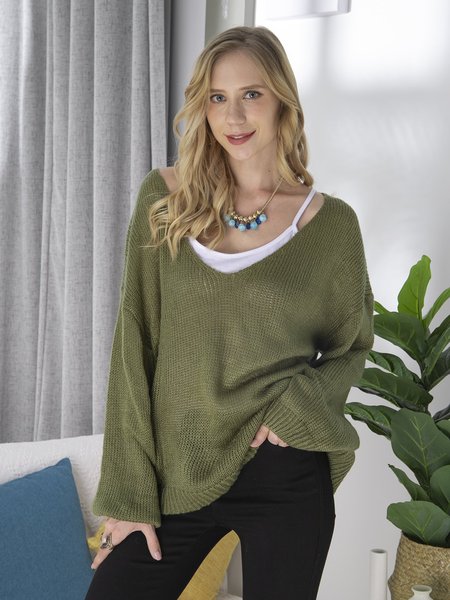 

Women V-Neck Knitted Casual Sweaters, Green, Sweaters