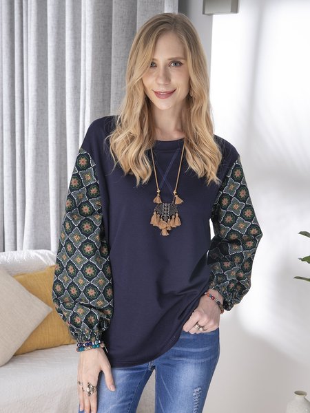 

Brown ethnic printed round neck Sweater and casual patchwork Top, Auto-clearance