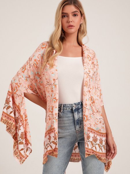 

Orange Floral Long Sleeve Outerwear, Outerwear