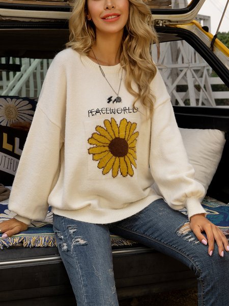 

Apricot Floral Crew Neck Casual Long Sleeve Sweater, Tees