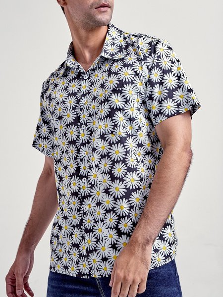 

Daisy Print Casual Pockets Shirt Collar Shirts, Men's Floral shirt