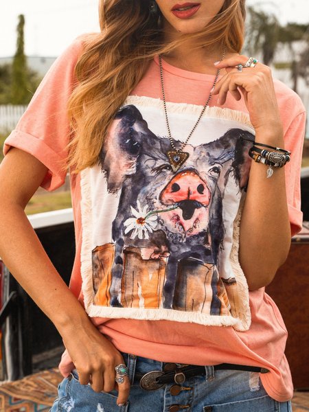 

Red Printed Crew Neck Casual T-shirt, Email discount