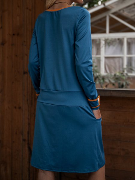 

Blue Plain Vintage Color-Block Crew Neck Dresses, Midi Dresses