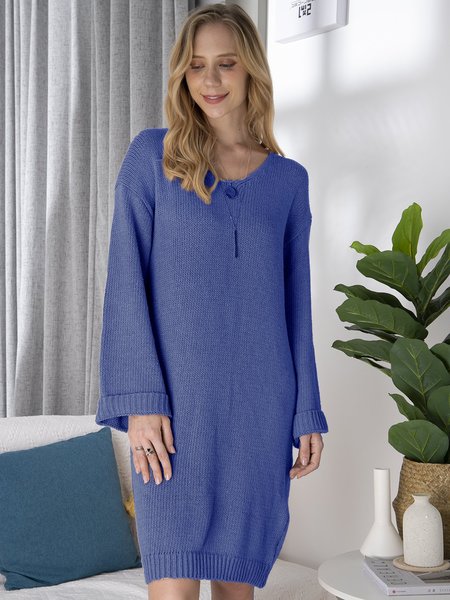 

Women Drop Shoulder V-Neck Knitted Sweater Dresses, Blue, Tops
