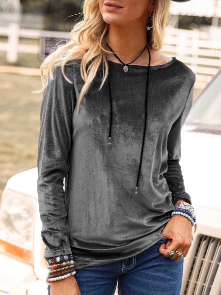 

Plain Long Sleeve Casual Crew Neck Shirts & Tops, Black, Tops