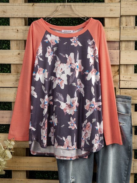 

Floral Raglan Stitching Long Sleeve Top, Pink, T-Shirts
