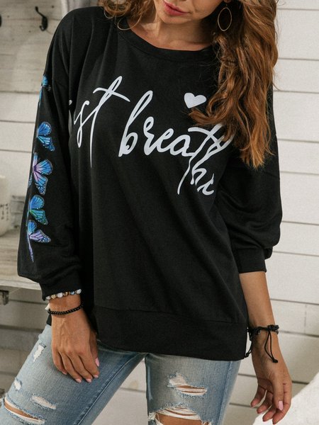 

Crew Neck Printed Long Sleeve Animal T-shirt, Black, Tops