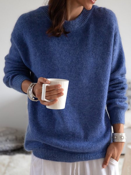 

Girocollo a Maglia Maniche Lunghe Maglione Blu Cotone, Sweater