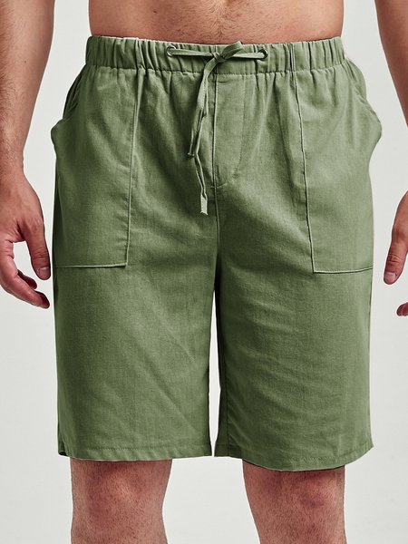 

Casual Solid Drawstring Linen Shorts, Light green, Men's shorts