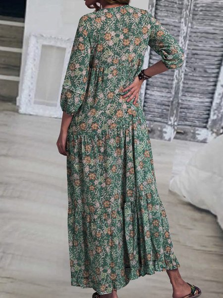 

Green V Neck Long Sleeve Cotton-Blend Floral Dresses, Dresses