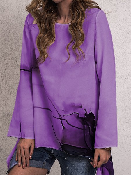 

Asymmetrical Floral-Print Casual Long Sleeve Blouse, Purple, Blouses and Shirts