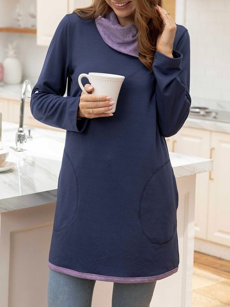 

Cotton Long Sleeve Color-Block Top, Blue, Tunics