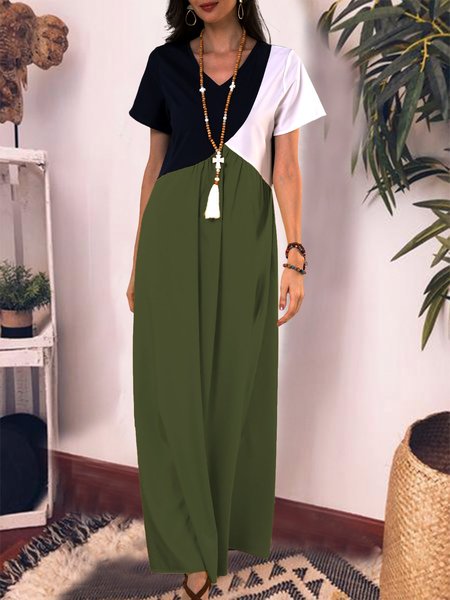 

Color Block V Neck Plus Size Maxi Dresses, Green, Casual Dresses