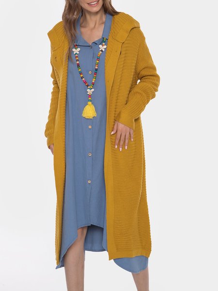 

Casual Paneled Knitted Winter Warm Cardigans With Hoodie, Yellow, Sweaters