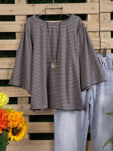 

Striped Print Loose And Comfortable Three-quarter Sleeve Autumn Top, White, Tops
