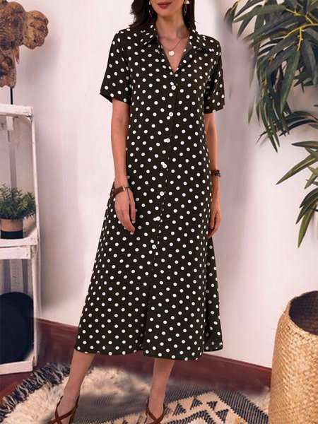 

Buttoned Short Sleeve Turn-Down Collar Cotton Casual Dresses, Black, Casual Dresses