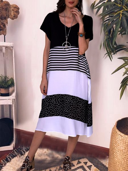 

Women Striped Polka Dot Short Sleeve V-neck Midi Dress, Black, Casual Dresses