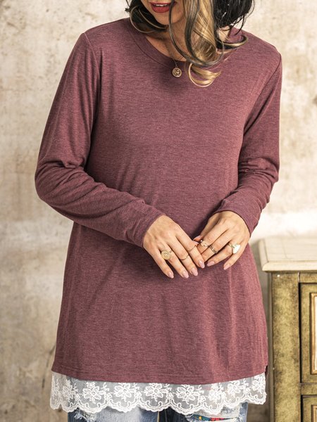 

Casual Crew Neck Lace Paneled Cotton-Blend Top, Red, Tunics