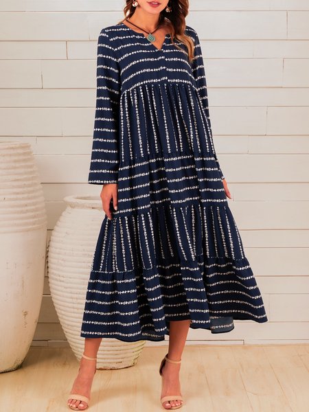 

Blue Casual A-Line Long Sleeve Dress, Maxi Dresses