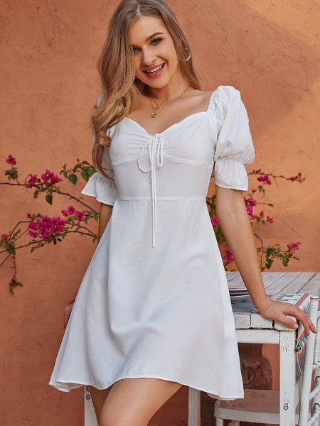 

White Ruffled Sweetheart Sweet Weaving Dress, Mini Dresses