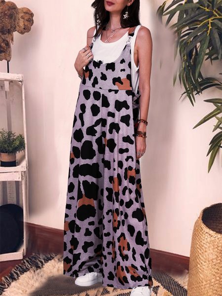 

Leopard Printed Casual Sleeveless Pockets Jumpsuits, Jumpsuits＆Rompers