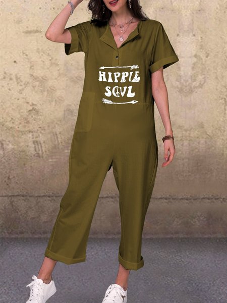 

Short Sleeve Pockets Casual Jumpsuits＆rompers, Brown, Jumpsuits＆Rompers