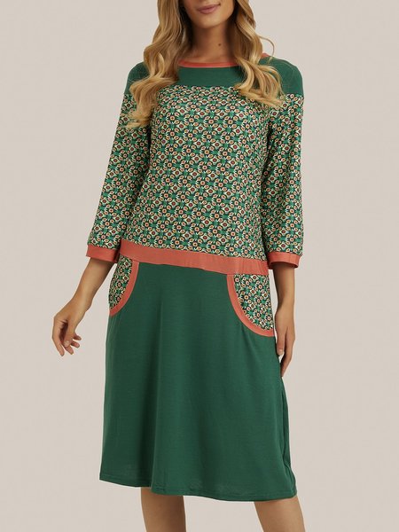 

Crew Neck Cotton Long Sleeve Paneled Dresses, Green, Midi Dresses