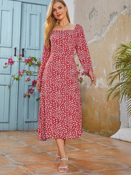 

Red Long Sleeve Floral Swing Tc Weaving Dress, Dresses
