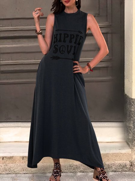 

Sleeveless Letters Printed Casual Weaving Dress, Gray, Auto-Clearance