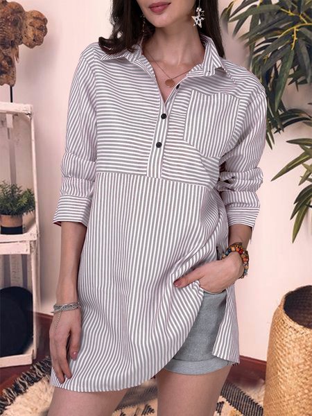 

Striped Long Sleeve Tunic Blouses, Light gray, Casual Dresses