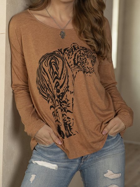 

Casual Animal Tiger Pattern Long Sleeve Top, Yellow, Designers
