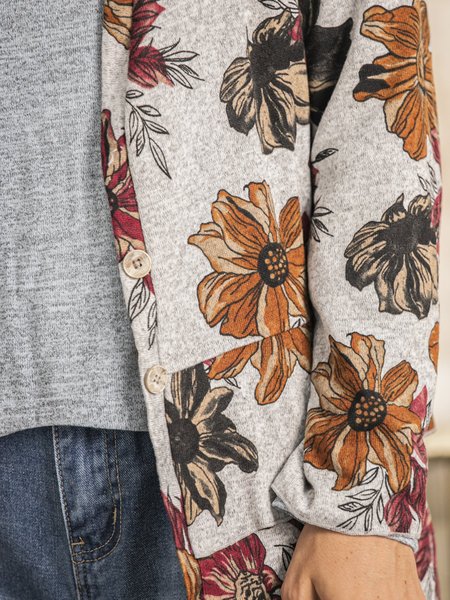 

Floral Pirnt V Neck Ruffled Casual Cardigan, Gray, Sweaters & Cardigans