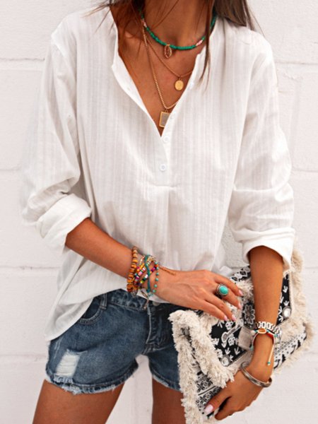 

Dritto Maniche Lunghe Scollo a V Cotone Top, Bianco, T-Shirts