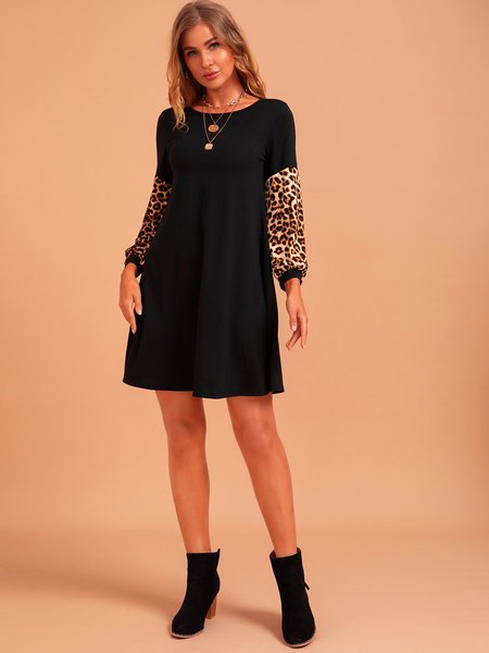 

Black Leopard Sweet Crew Neck Dresses, Mini Dresses