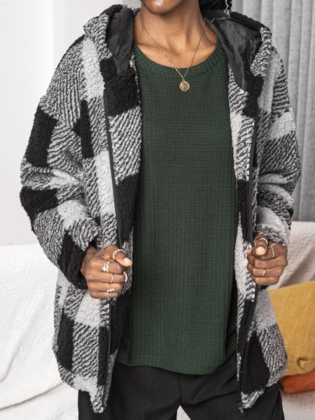 

Casual Flannel Check Hooded jacket Jacket, Gray, Jackets