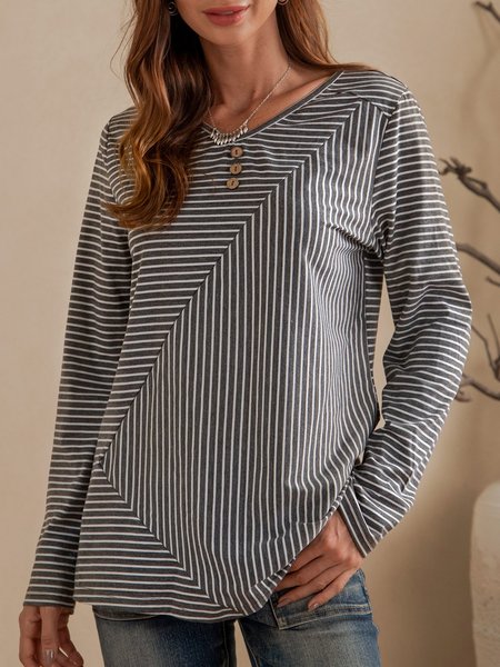 

Gray Stripes Crew Neck Long Sleeve Top, Tops