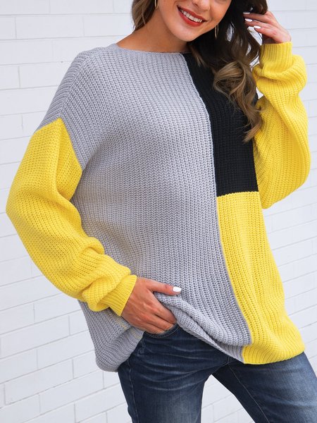 

Yellow Color-Block Crew Neck Casual Long Sleeve Sweater, Sweaters