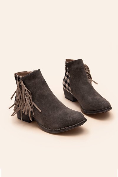 Taupe Chunky Heel Faux Leather All Season Tassel Boots, Boots
